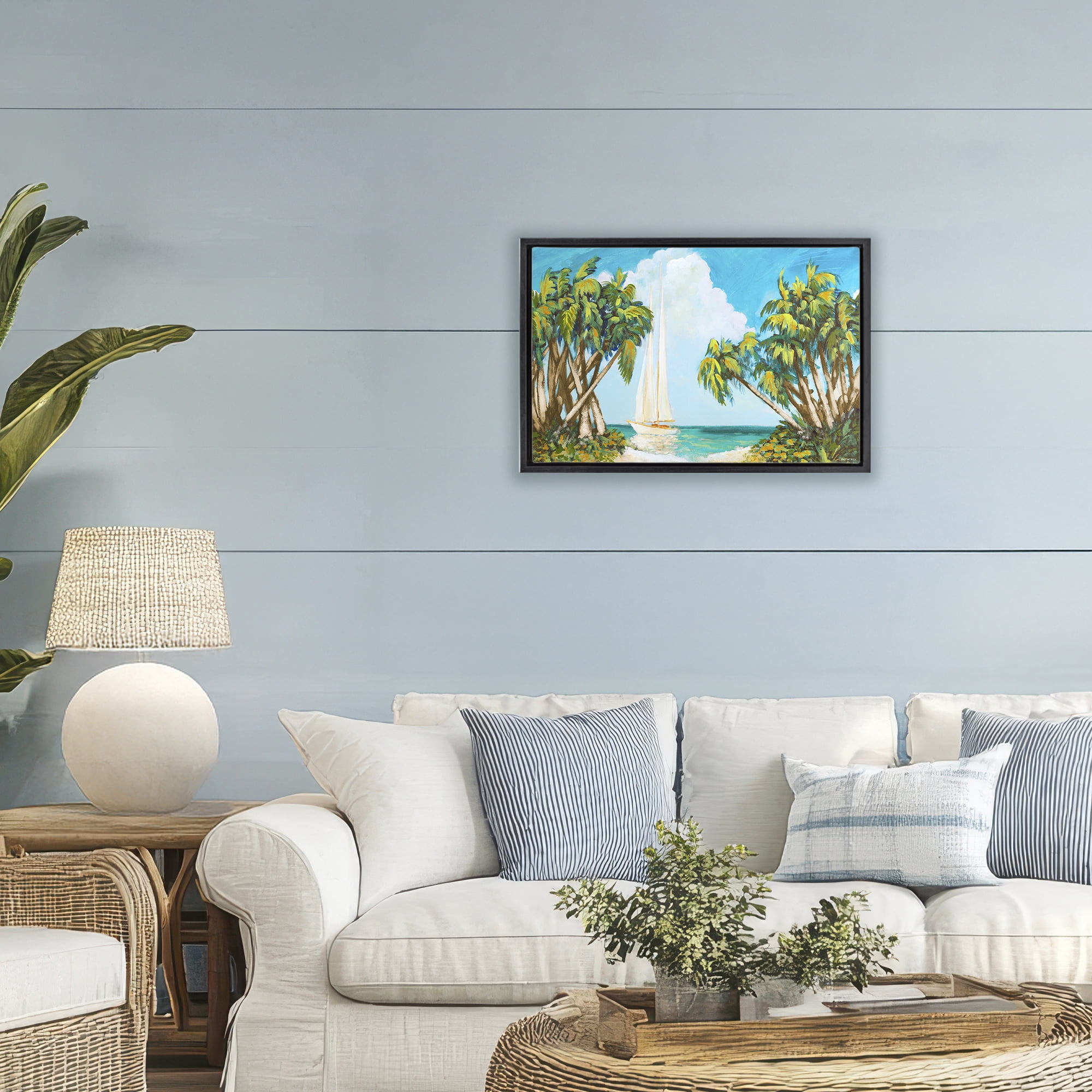 Stupell Industries Sailboat Among Palms Black Framed Floater Canvas Wall Art, design by Dan Meneely