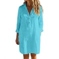 thumbnail image 2 of FDGIU Women's Collared Half Button 3/4 Sleeve Shirt Midi Dress, Casual Summer Loose Tunic Mid Dress with Pockets, 2 of 6