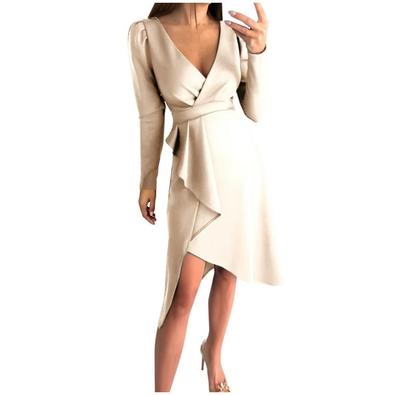 YWDJ Holiday Holiday Cocktail Dresses for Women Fashion Women Casual Buttocks Solid Slimming Long Leeve Dress Beige L