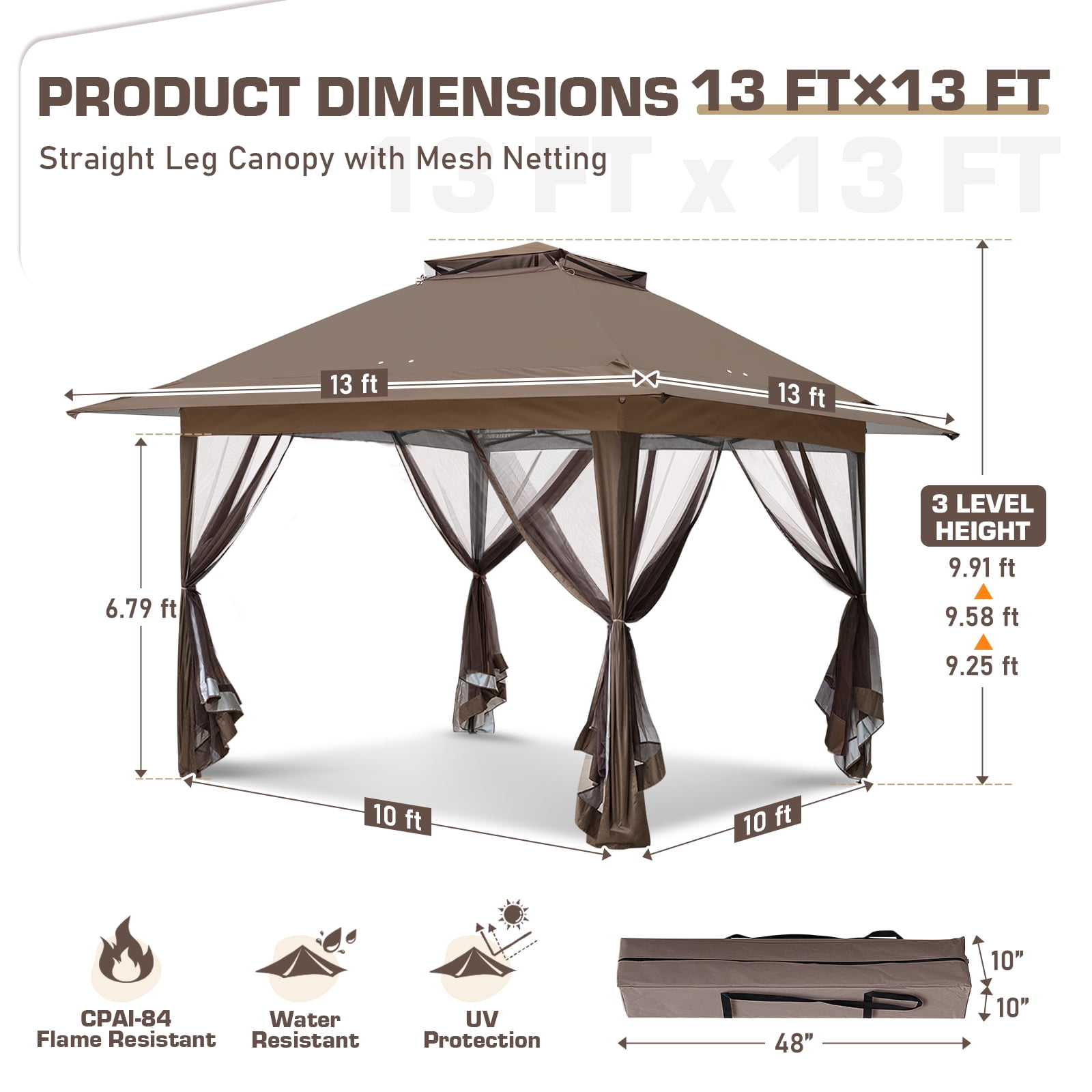 EAGLE PEAK 13x13 Pop Up Gazebo with Mesh Netting, Easy Up Screened Canopy for Patio and Backyard (Brown)