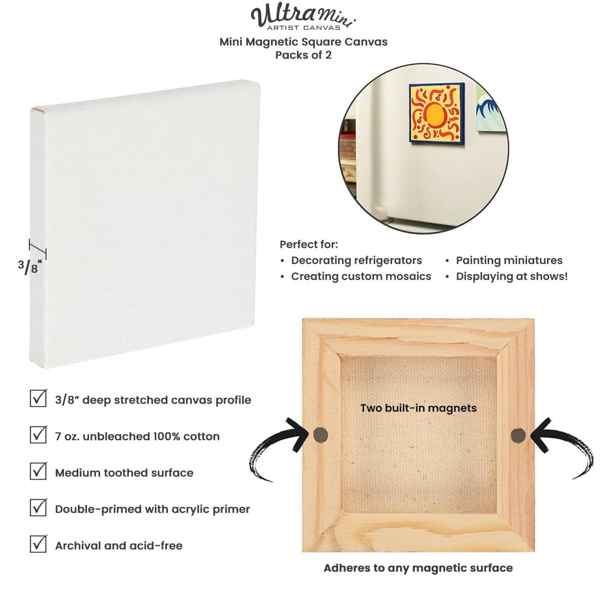 Creative Mark Ultra Mini Magnetic Cotton Canvas, Pack of 60, 5x5" Mini Canvas for Painting with Built in Magnets for Fridge Whiteboard Studio Display; Acrylic Primed For Oil or Acrylic Paint