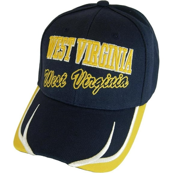 West Virginia Block and Script Lettering Baseball Cap with Embroidered Bill (Dark Blue/Gold)