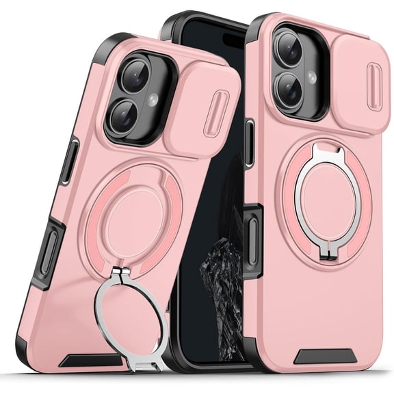 Case for Galaxy A06,Military Grade [Built-in Kickstand] Magnetic Rotate Ring Holder Heavy Duty TPU PC Shockproof Drop Protect Phone Case for Samsung Galaxy A06 4G (Pink)