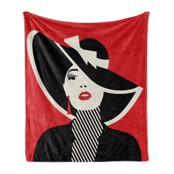 Fashion Soft Flannel Fleece Throw Blanket, French Style in Shabby Form Classical Vintage Hat and Striped Coat Design Print, Cozy Plush for Indoor and Outdoor Use, 60" x 80", Black Red, by Ambesonne
