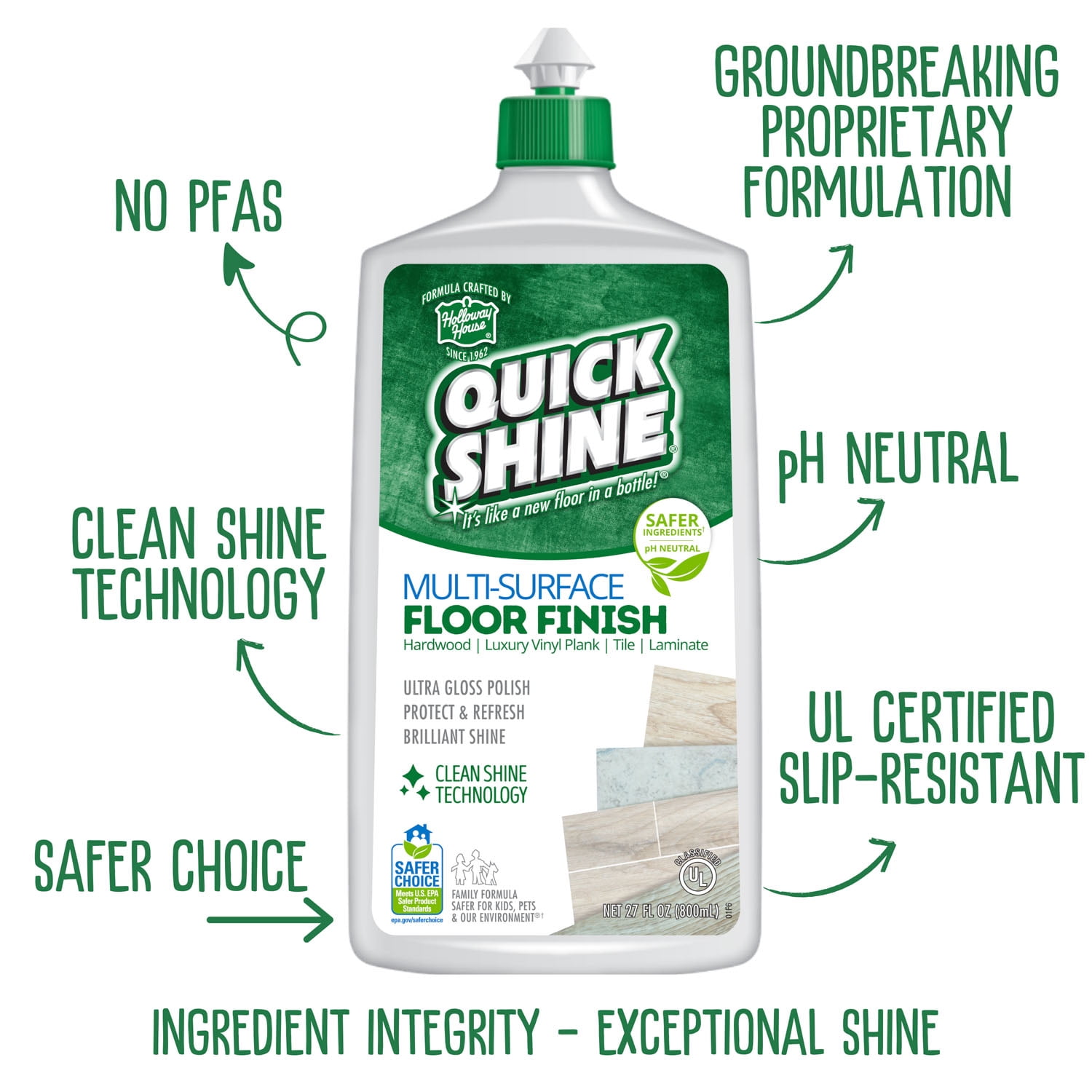 Quick Shine Multi-Surface Floor Finish, PFAS-Free Formula, All Purpose Household Floor Polish, 27 fl oz