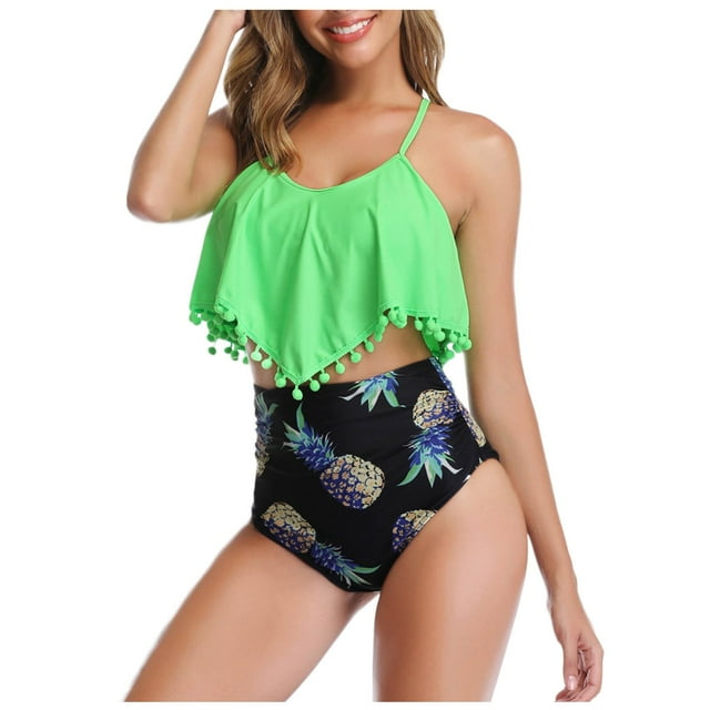 FhsagQ Swimsuit Sets for Women Plus Size with Stockings Women Two Piece High Waisted Bikini Set Ruffle Swimsuit Flounce Trim Bathing Suit Womens Swimsuit Sets Leather Green S