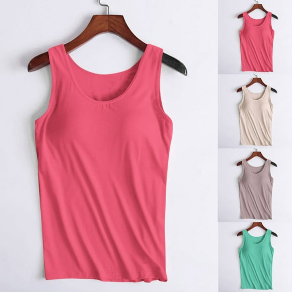 lcziwo Womens Tank Top with Built in Bra Modal Padded Camisole Yoga Bra Tanks Tops Wide Straps Sleeveless Workout Shirts Cotton Undershirt on Sale Watermelon Red L