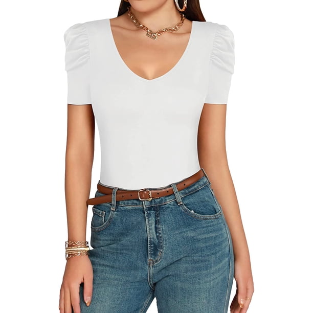 Xishao Body para mujer con cuello en V profundo y manga corta abombada, ajuste entallado, blusa casual elegante Xishao ropa
