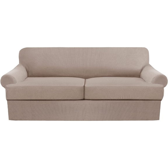 3 Piece T Cushion Sofa Slipcovers Thick Couch Cover Furniture Protector Stretch T Cushion Sofa Covers for 2 Cushion Couch with 2 Individual T Cushion Covers Washable (Khaki,Loveseat XL)