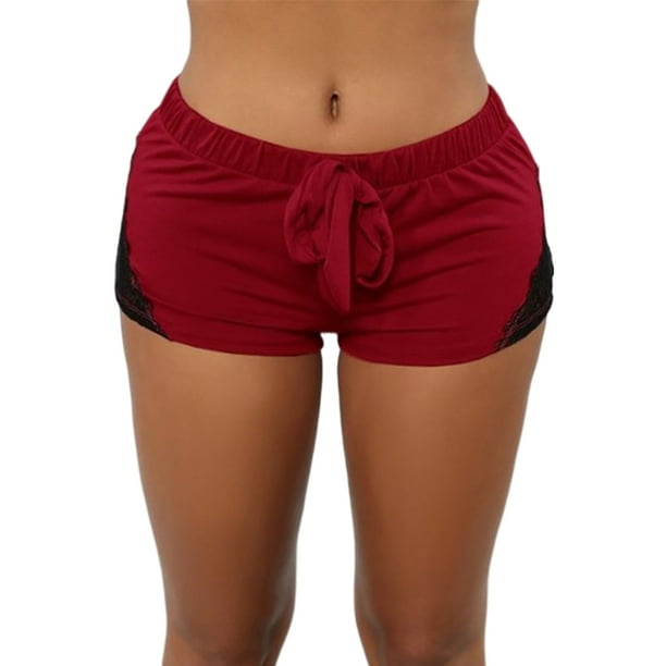 MAWCLOS Women Yoga Short Drawstring Beach Hot Pants Elastic Waist Summer  Shorts Casual Sport Lace Mini Trousers Red 3XL