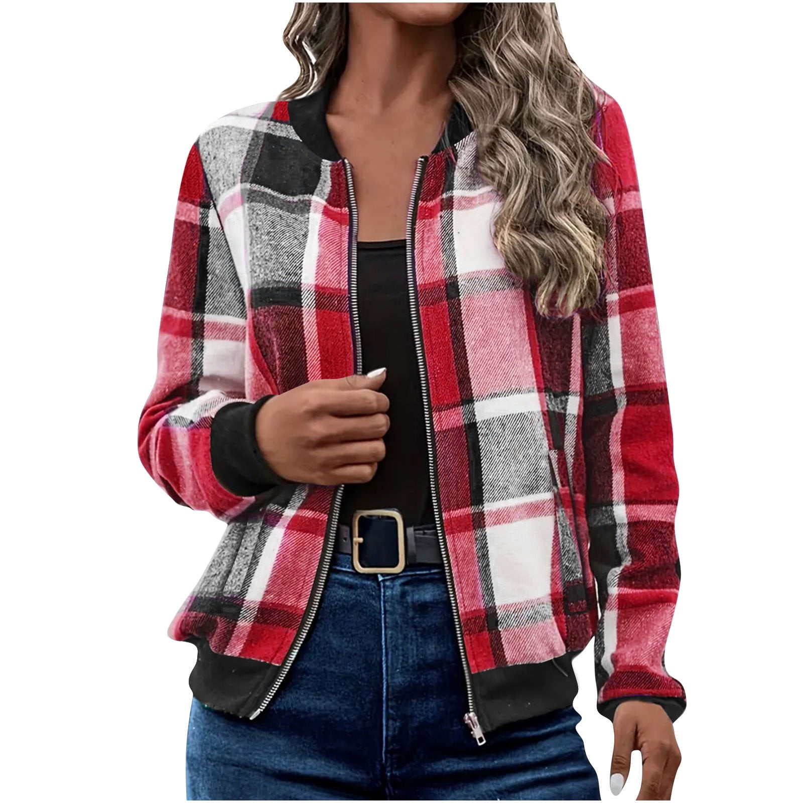 UPPADA Women Cropped Flannel Shirt Jacket Fall Fashion Plaid - Main Image