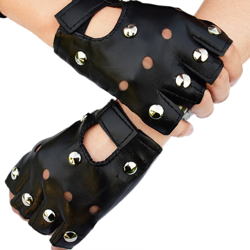 Leather Fingerless Short Gloves Black Rivets Stud Half Finger Mittens FashionKP 