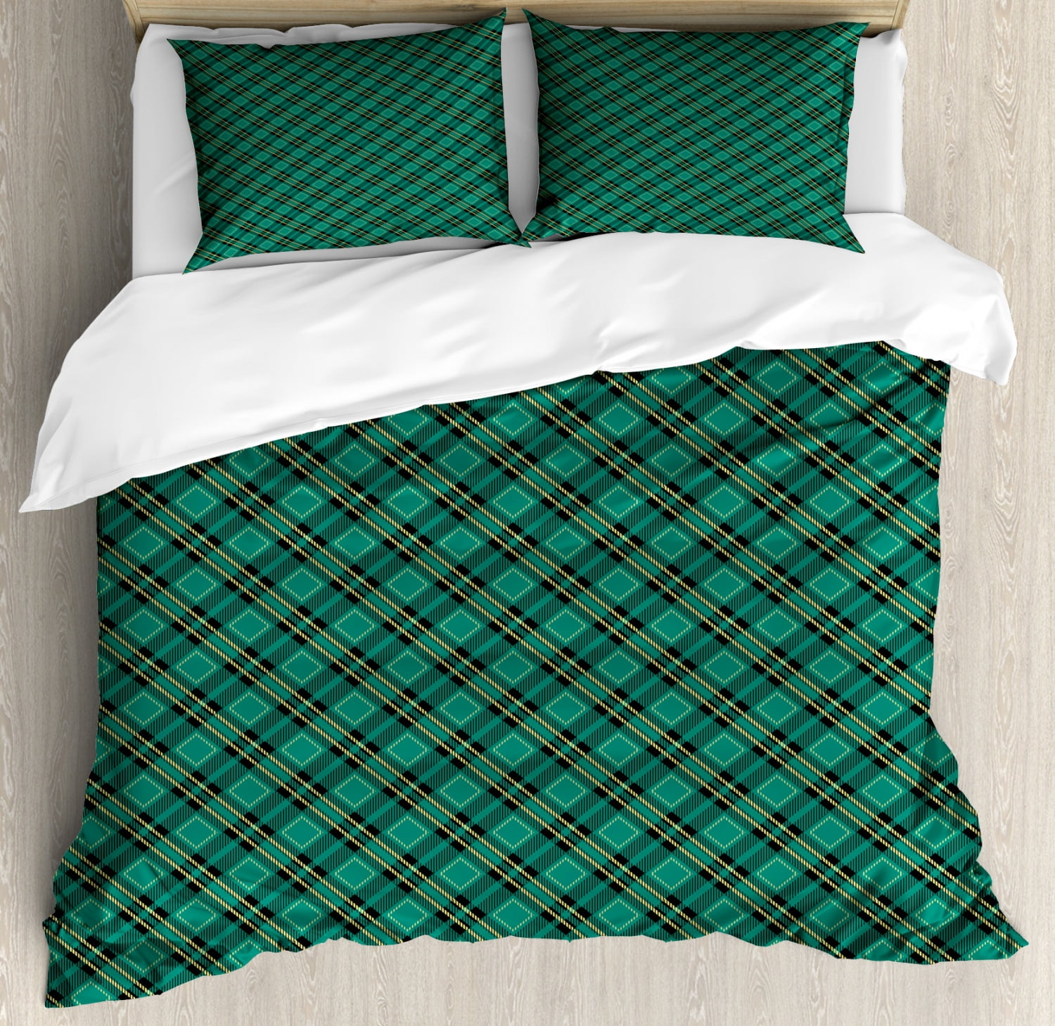 Celtic Green Duvet Cover Set, Classical Tartan Diagonal Lines Arrangement Plaid Print