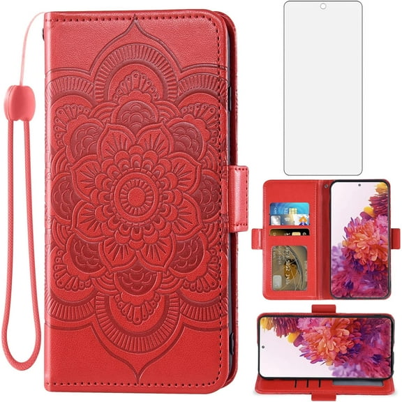 Compatible with Samsung Galaxy S20 FE Gaxaly S 20 FE 5G UW 6.5 inch Wallet Case and Tempered Glass Screen Protector Card Holder Phone Cover for Glaxay S20FE5G S20FE 20S Fan Edition 4G G5 Red