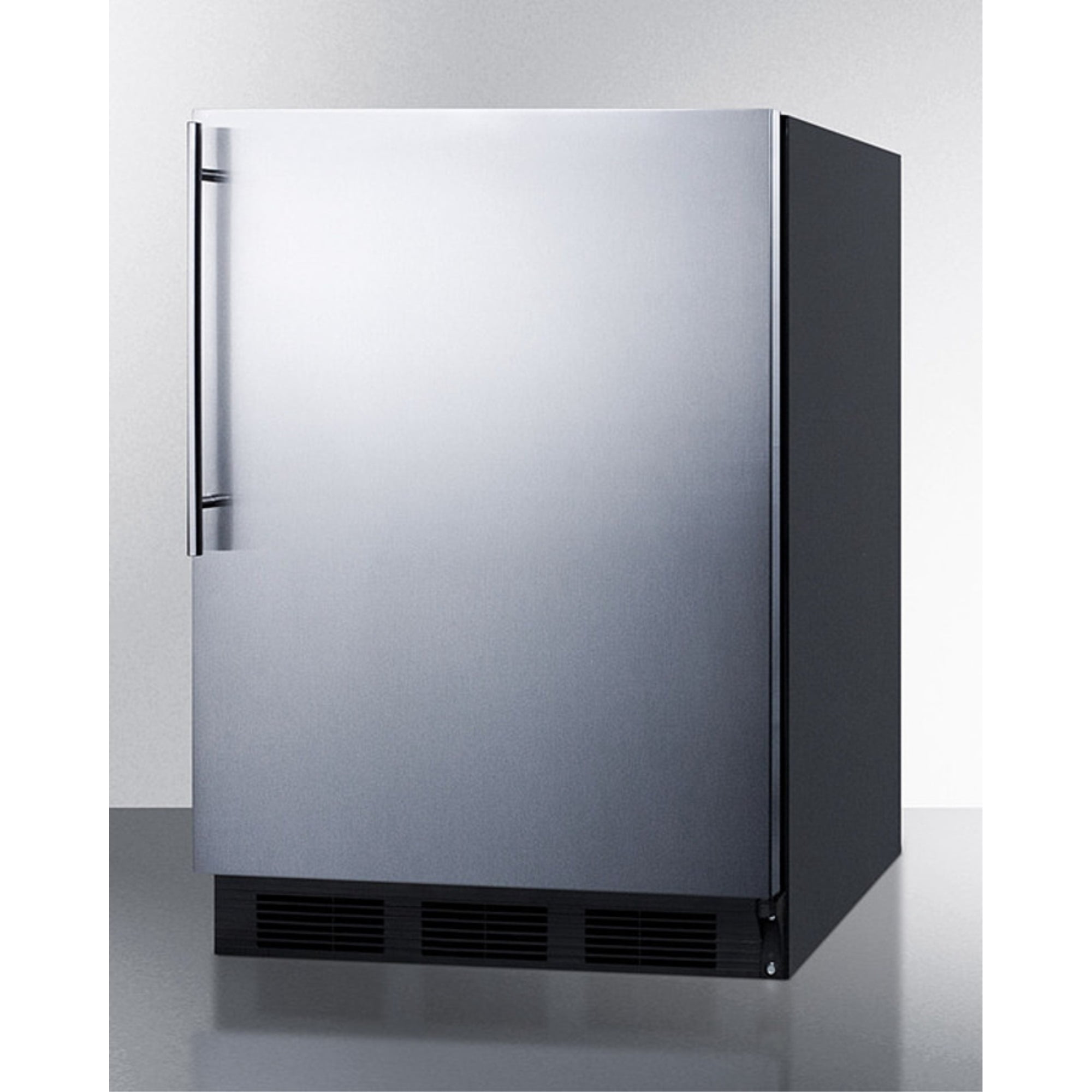 Freestanding counter height refrigerator-freezer for residential use, cycle defrost with a stainless steel wrapped door, thin handle, and white cabinet