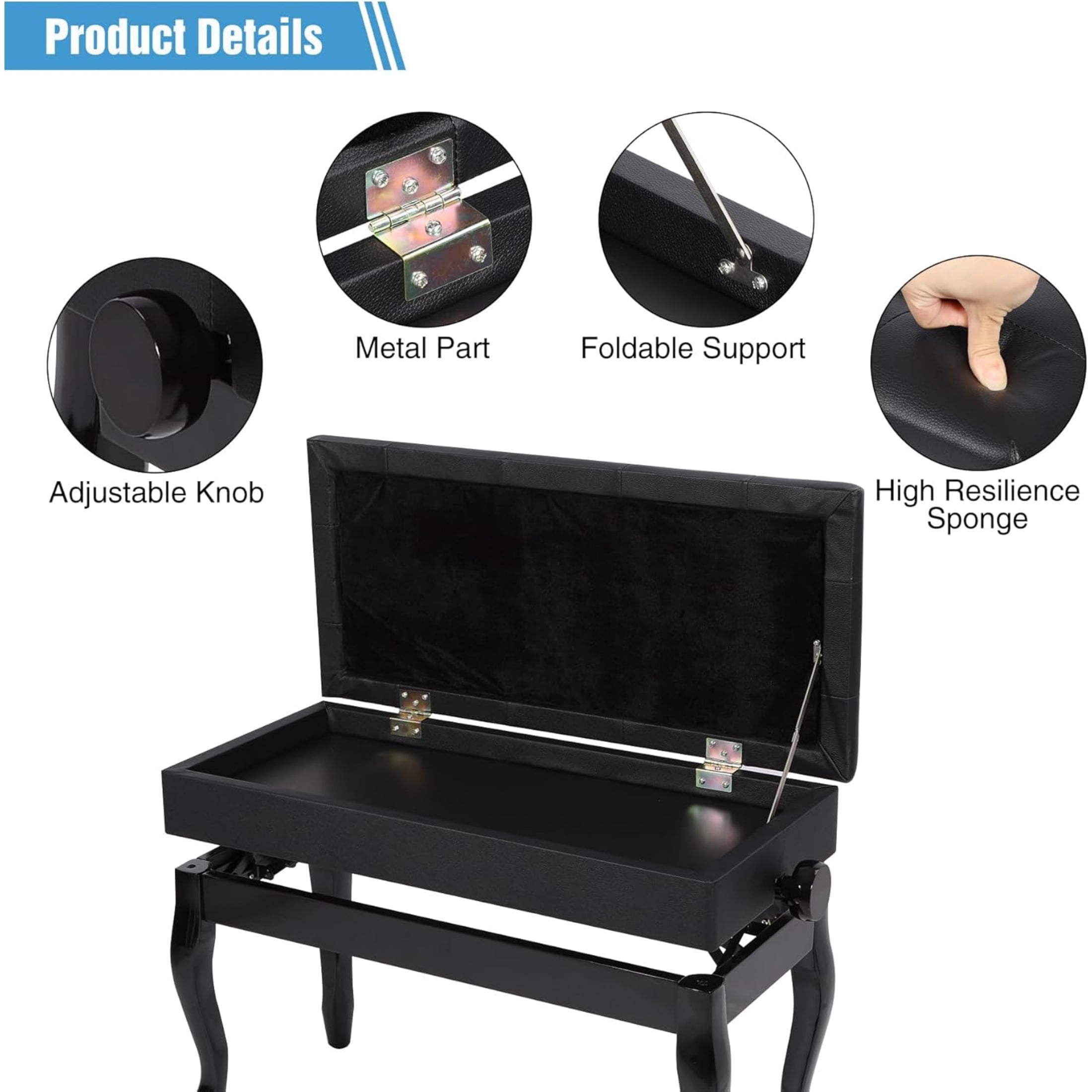 REDCAMP Adjustable Piano Bench with Storage, PU Leather Heavy Duty Keyboard Piano Bench with Padded Cushion Bent Leg, Black