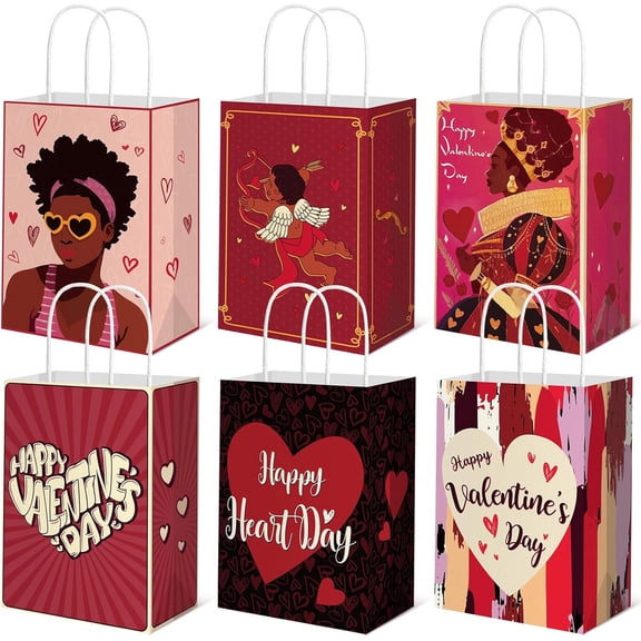30 Pack Valentine‘s Day African American Gift Bag Bulk 8.3 x 5.9 x 3.15 Inches with Handle Love Hearts Paper Goodies Treat Bags for Exchange Gift Classrooms and Party Favors