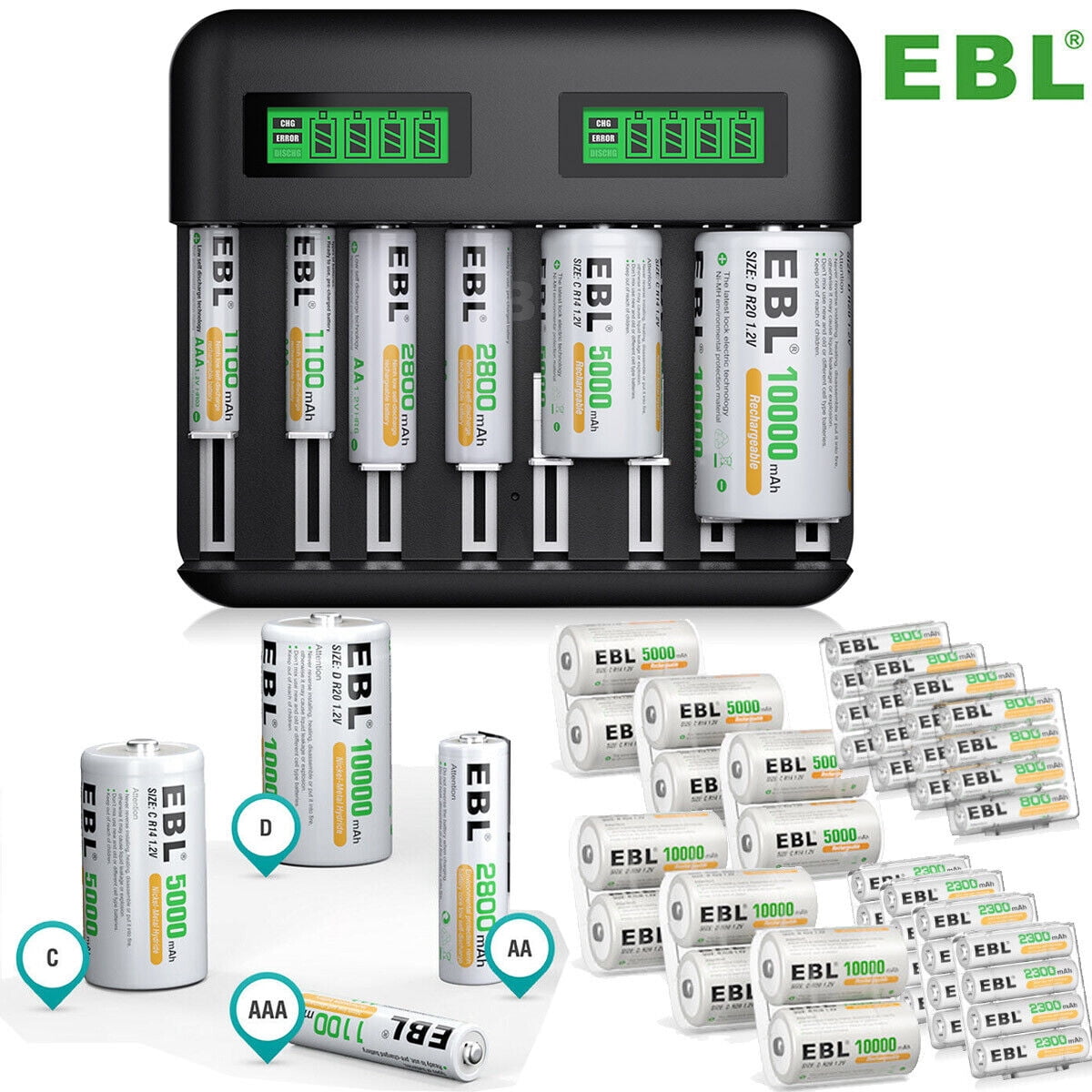 EBL 20Pack AA 2300mAh 1.2V NiMH Rechargeable Batteries with Battery Charger for AA/AAA/C/D Rechargeable Battery