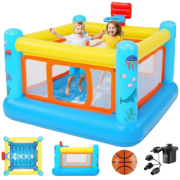 Adnoom Bounce House for Kids 3-6, PVC Inflatable Bounce House with Basketball Hoop, Indoor Bouncy House with Blower, Outdoor Jumping Castle with Game Map & Basketball