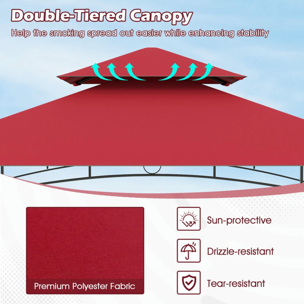 Barara King Gazebo, Outdoor Canopy Shelter,Outdoor Double-Tiered Grill Gazebo Canopy with 2 Shelves and 7 Hooks-Red