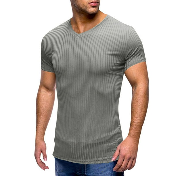 Camiseta de cuello en V ajustada para hombre: camiseta elástica de manga corta para culturismo, 95 % poliéster, 5 % elastano, tejido de canalé para el gimnasio y el entrenamiento.