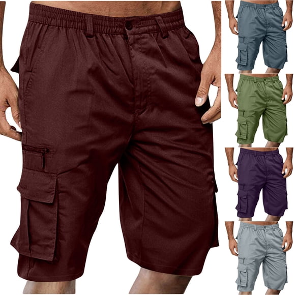 Eryao Bermuda Cargo Shorts for Men Casual Summer Outdoor Hiking Pants Elastic Waist Knee Length Shorts with Multi-Pockets,Grey,M