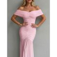 thumbnail image 4 of Pink Foldover Off Shoulder Ruched Mermaid Evening Dress Slim Fit Cinched Waist Party Gown, 4 of 7