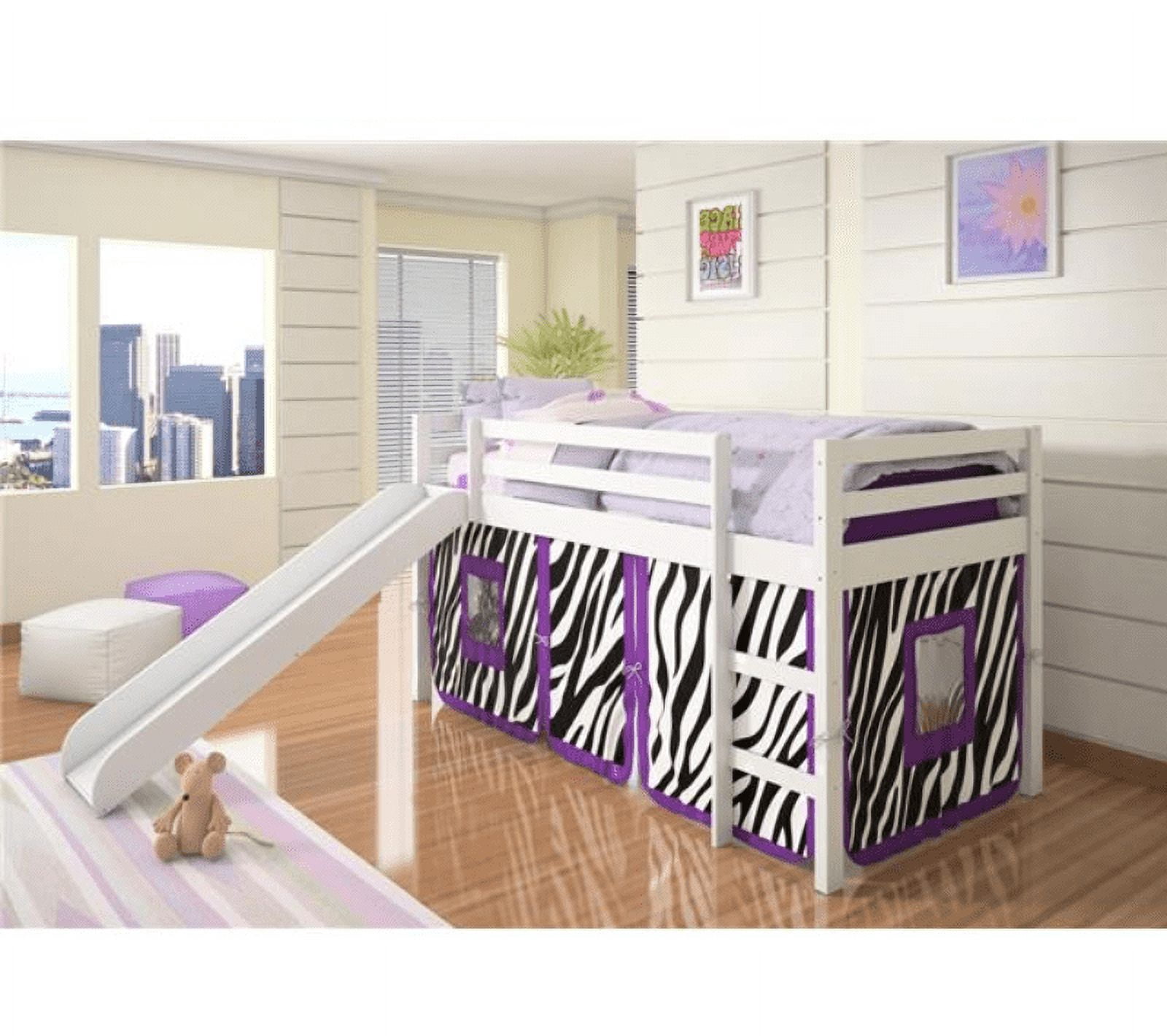 Donco Kids Twin Loft Bed with Zebra Tent and Slide, White