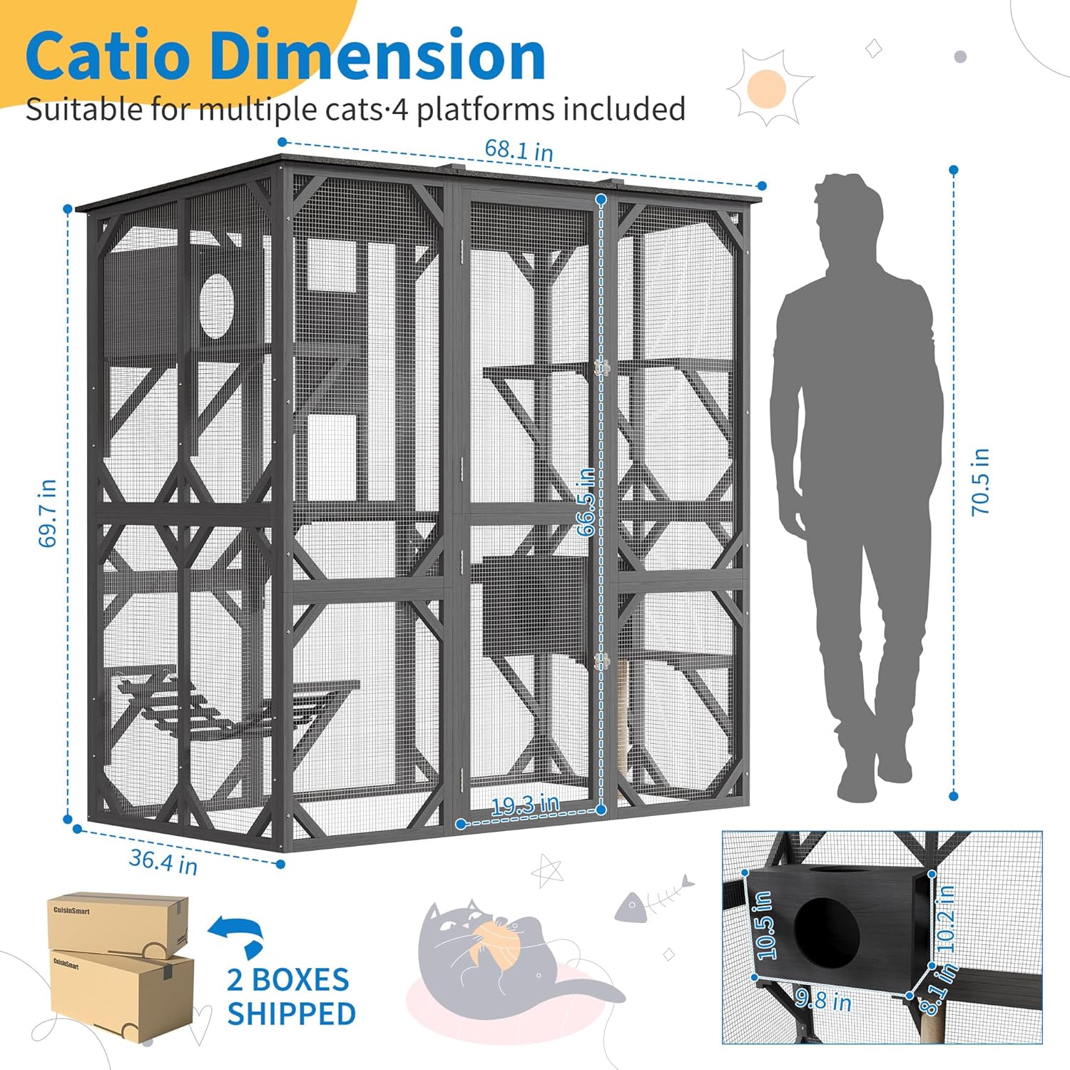 Roromall Large Walk-in Window Catio Outdoor, 70'' Wooden Cat Enclosure for Mulitiple Cats with Waterproof Roof, Feral Cat Shelter with Platforms, Hammock, Scratching Post and Resting Box