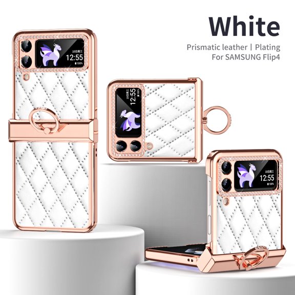 For Samsung Galaxy Z Flip4 5G Luxury Plating Leather Ring Hard Folding Case Cover Diamond Camera Lens Protection