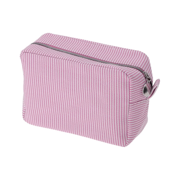 Unique Bargains 1 Pc Large Striped Pattern Makeup Bag for Travel Rose Red Seersucker