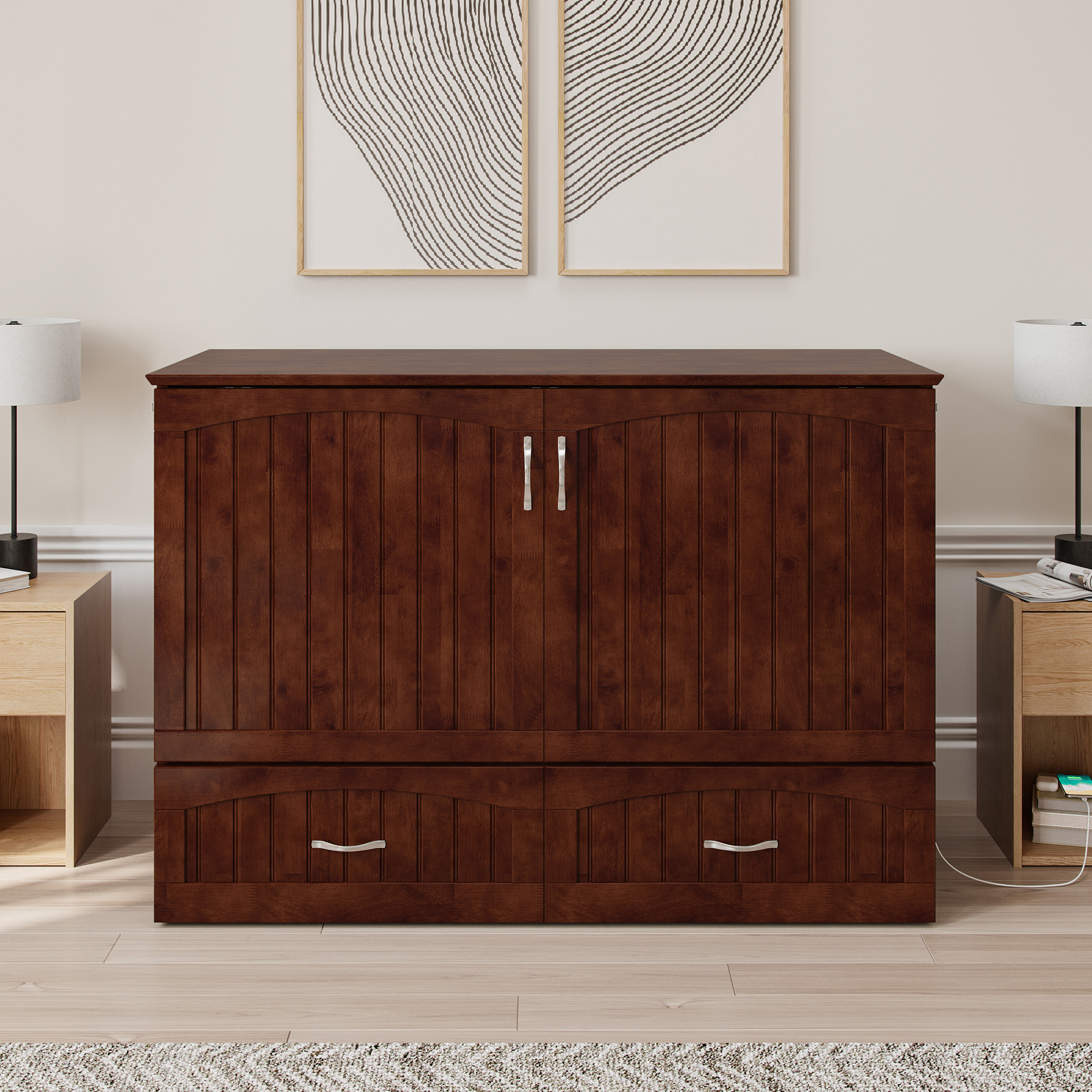 AFI Southampton Full Wood Murphy Bed Chest with Mattress, Drawer & Charger in Walnut