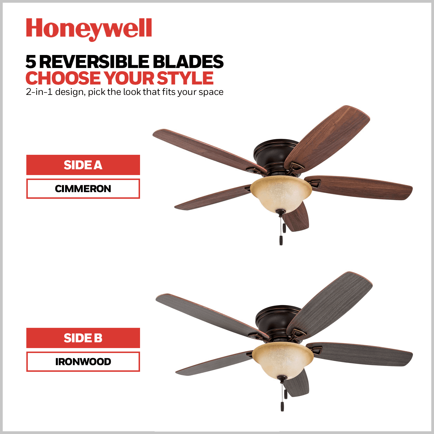 Honeywell Glen Alden 52" Bronze Low Profile Ceiling Fan with 5 Blades, Bowl Light Kit, Pull Chains & Reverse Airflow
