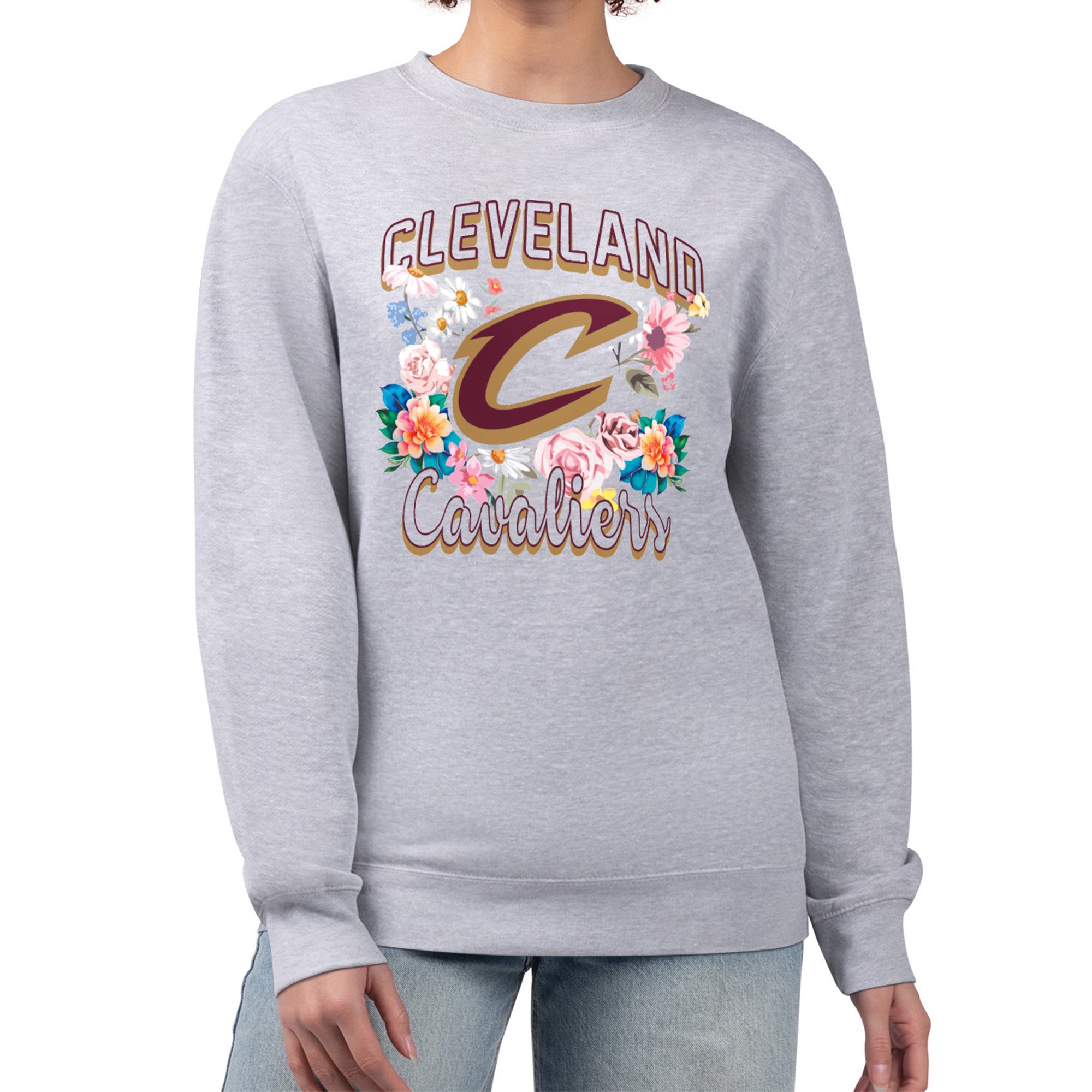 Women's G-III 4Her by Carl Banks Heather Gray Cleveland Cavaliers Flowers Team Logo Graphic Fleece Crewneck Pullover