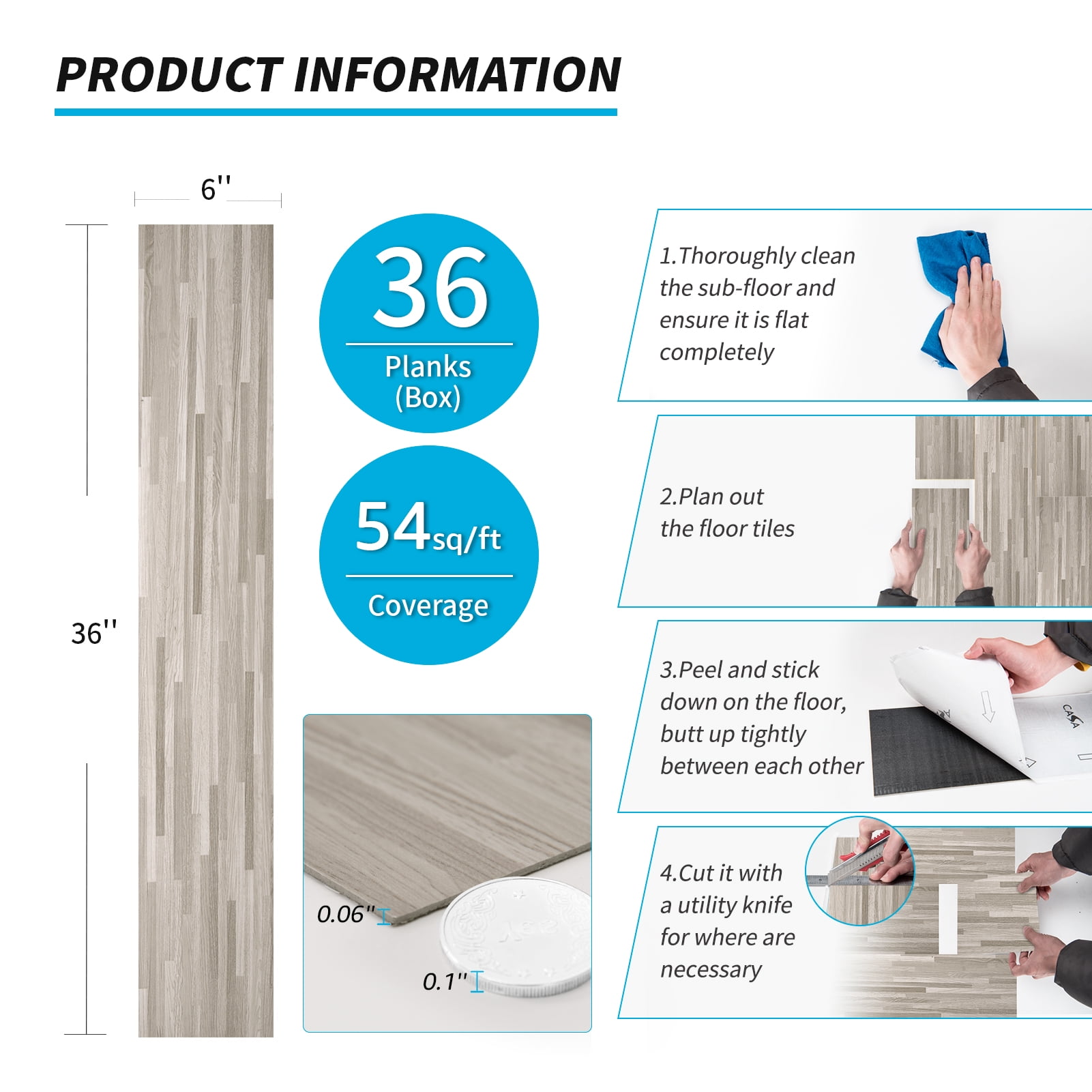 Self-adhesive 6" x 36" x 2mm Luxury Vinyl Plank（36 PACK)