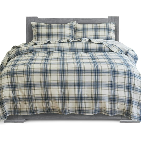 100% Cotton Flannel Sheets Set - Flannel Sheets Full, 4-Piece Flannel Bed Sheets - Lightweight Bedding, Brushed for Extra Softness,Warm, Breathable, 16" Deep Pocket King, Plaid-Navy/Aqua