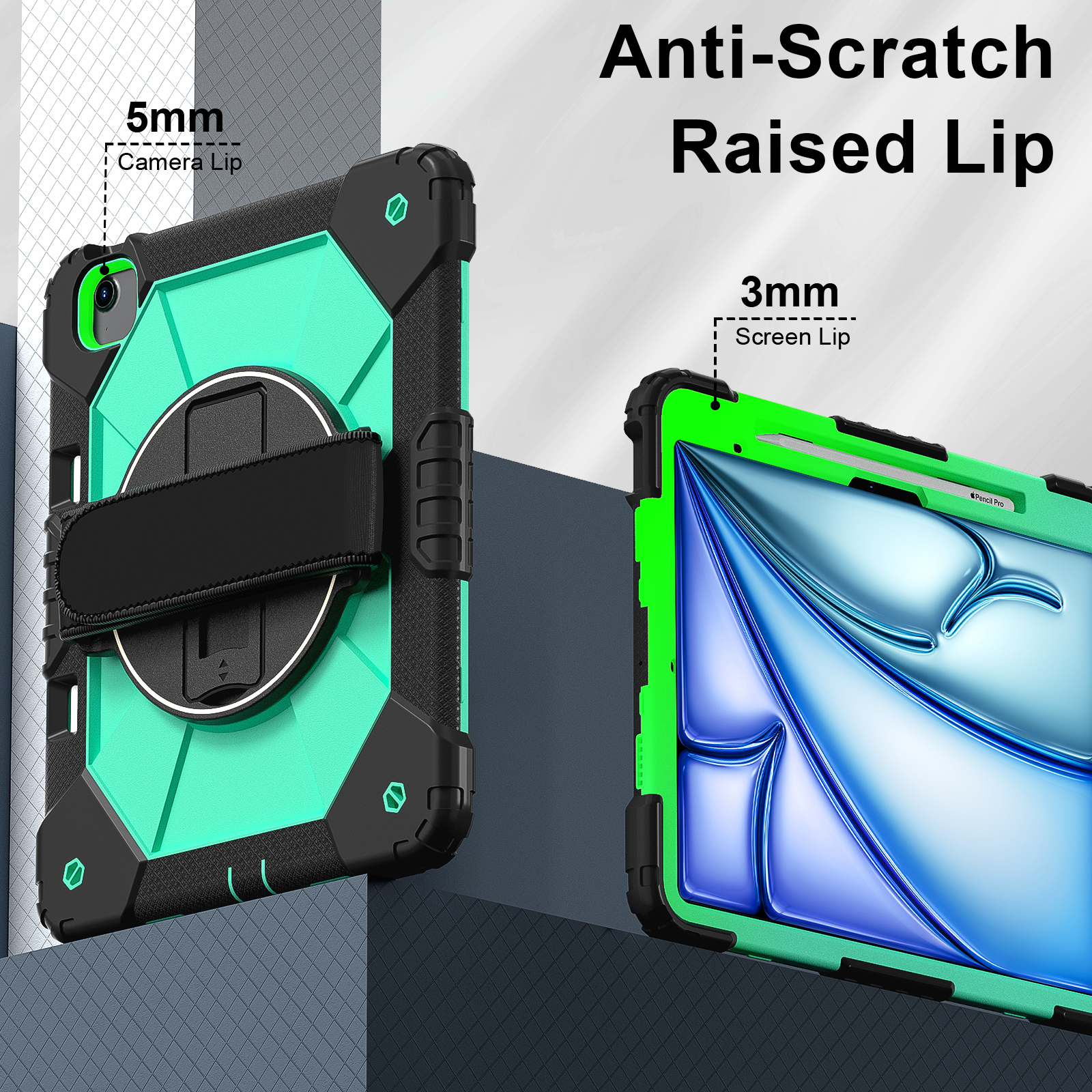 Dteck Case for iPad Air 13 inch 2025/2024 (M3/M2) with Pencil Holder, Shockproof Silicone + PC 3 Layer Protection Case Heavy Duty 360° Rotating Hand Strap Kickstand Cover,Black+Mint