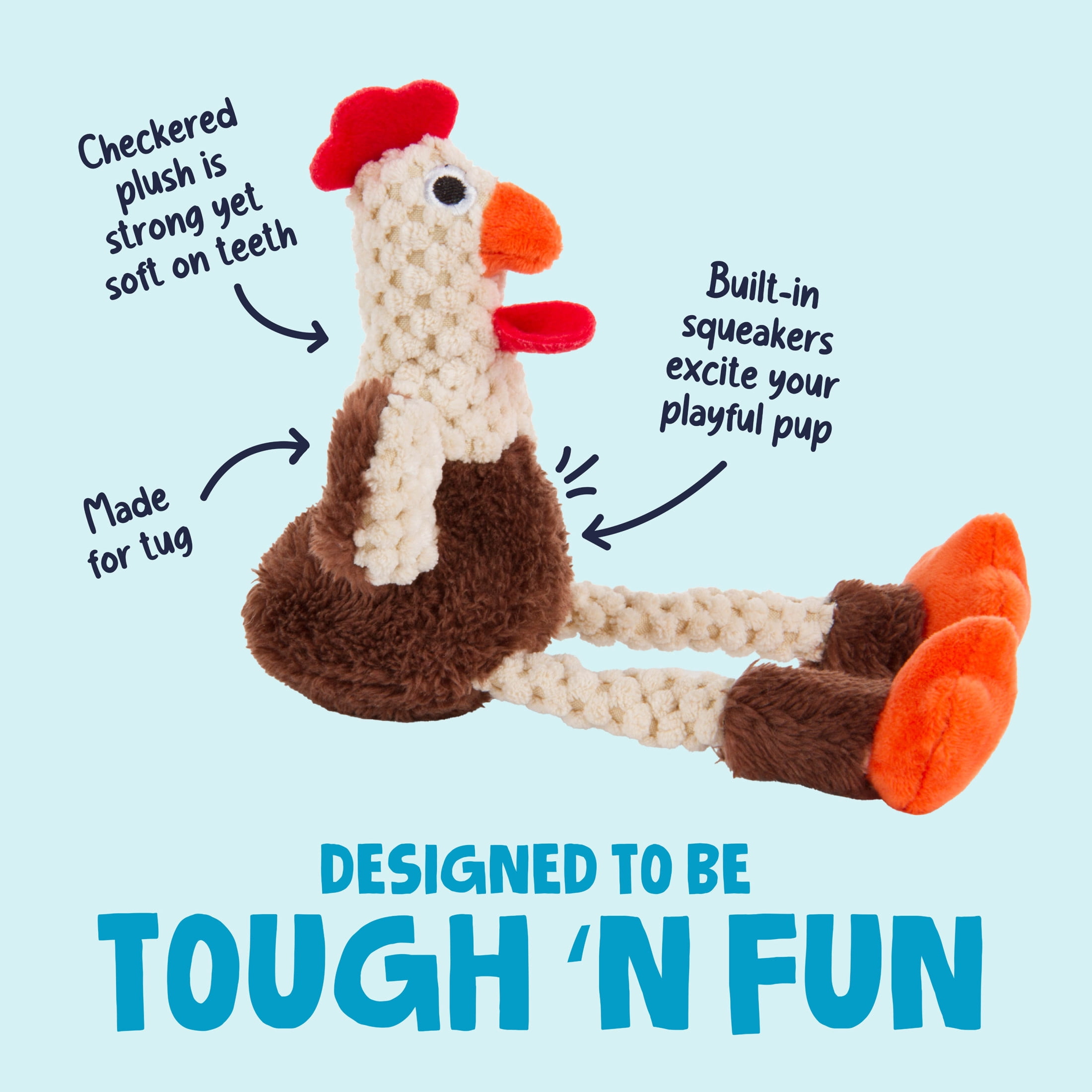 goDog Checkers Skinny Rooster Squeaky Plush Dog Toy with Chew Guard Technology, Durable Fabric & Squeaker for Active Play, Brown, Mini