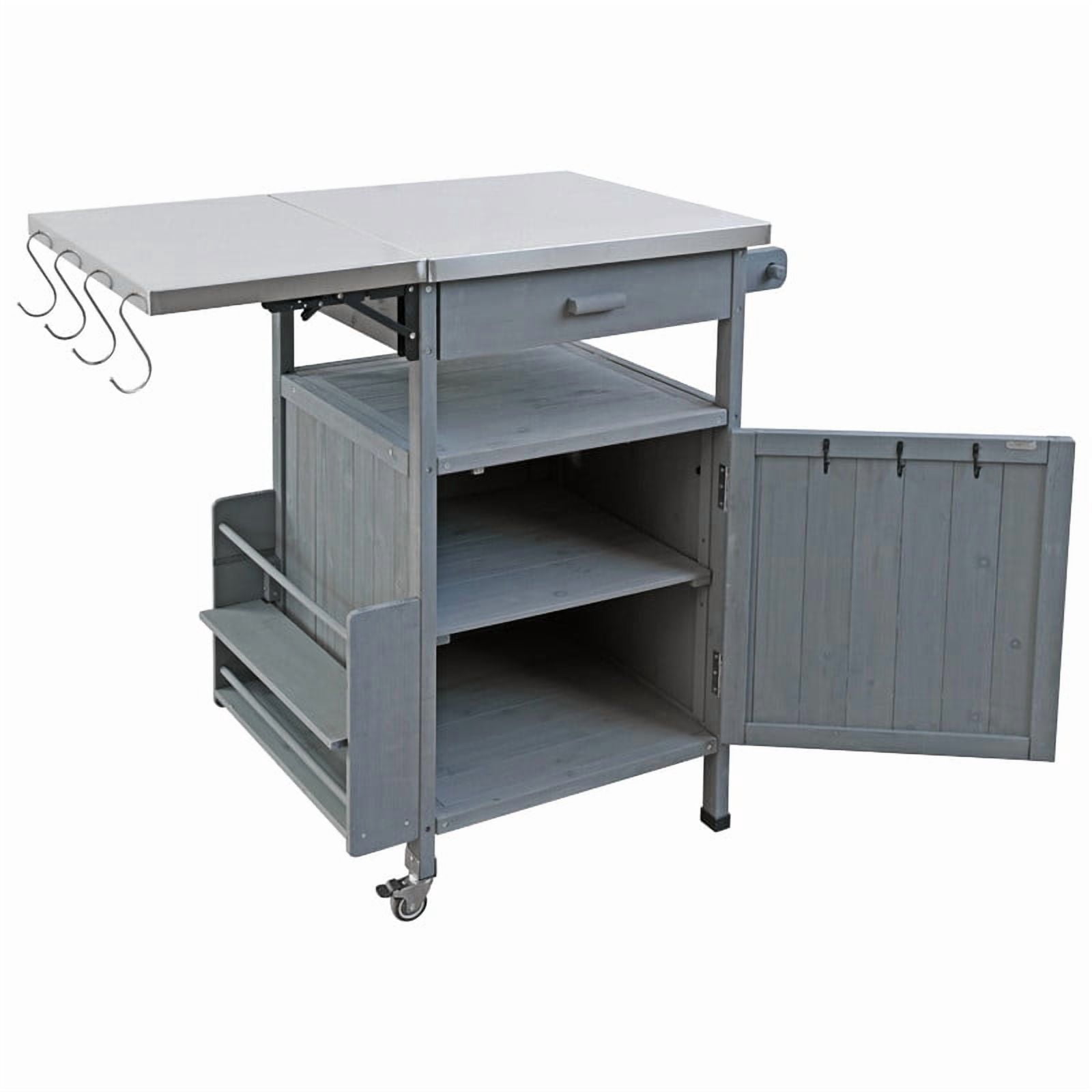 Outdoor Grill Cart with Stainless Steel Top, Wood Kitchen Island Storage Cabinet with Drop Leaf and 1 Drawer, Rolling Kitchen Cart with Lockable Wheels
