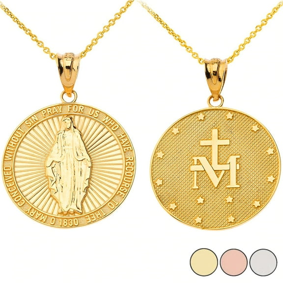 OUR LADY OF GRACES MIRACULOUS MEDAL PENDANT NECKLACE IN SOLID GOLD (YELLOW/ROSE/WHITE) : 14K Pendant with 22" chain