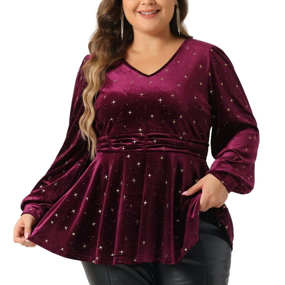 DARING DIVA Women's Plus V Neck Long Sleeve Gilding Metallic Stars Blouse 1X Burgundy