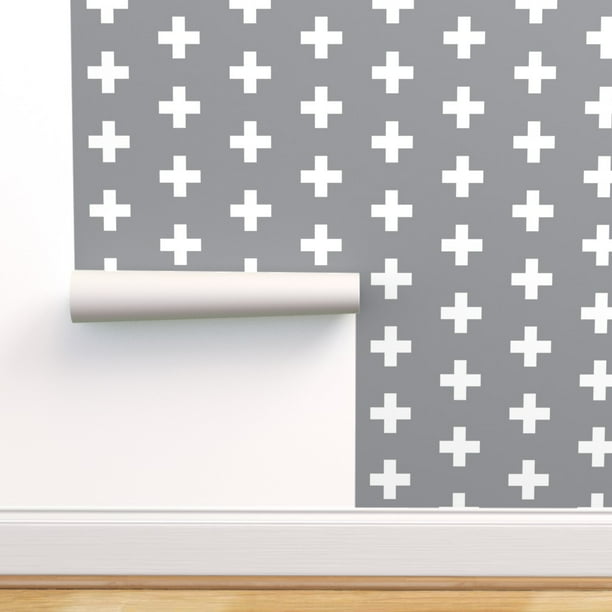 Peel & Stick Wallpaper 9ft x 2ft - Gray Plus Sign Cross White Modern