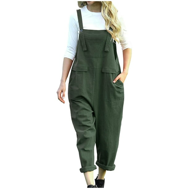 Gibobby Monos de Moda Mono largo holgado informal con bolsillo para mujer, peto, pantalones, mono holgado para mujer(Verde, S)