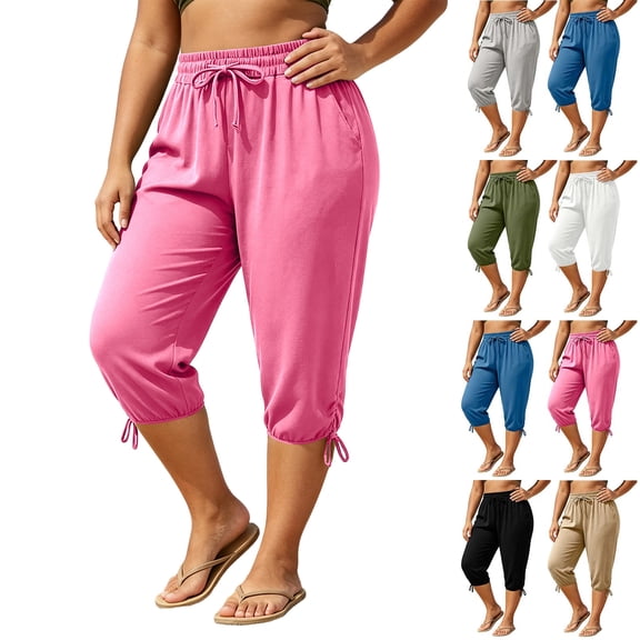 Aezemi Plus Size Women Capri Jogger Pants with Pockets Elastic Waist Drawstring Workout Sports Comfy Capris Summer Outdoor Casual Fashion Trousers 5XL