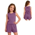 thumbnail image 6 of KPOPLK Girl's 2 Piece Outfits Summer Solid Color Linen Tank Top and Paperbag Waist Striped Shorts Set for 8 9 10 11 12Years(9 Years,Purple), 6 of 7
