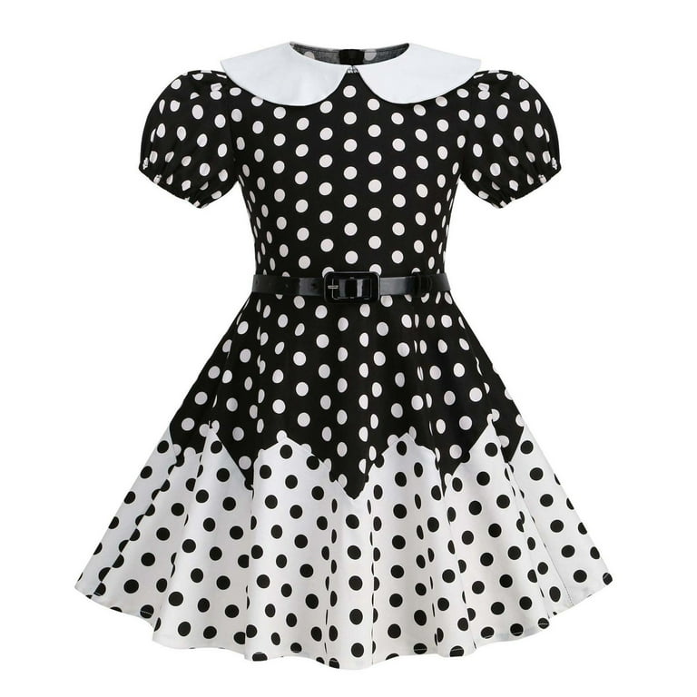 shoper Toddler Girl Dress Polka Dot Turn Down Collar Puff Sleeve with Belt Elegant Prom Dresses for Girls Princess Dress Size 3-12 Years, Toddler