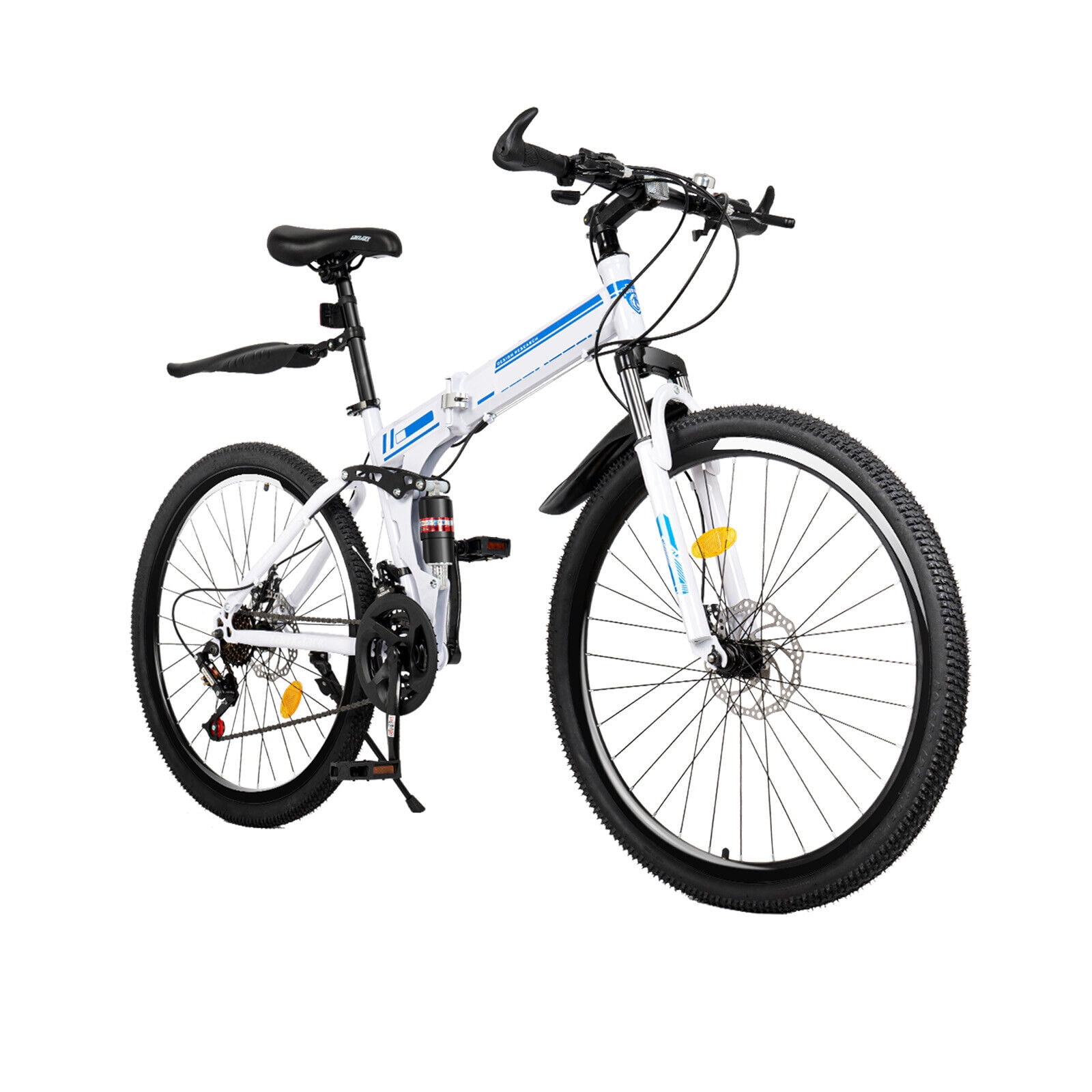 Fichiouy 26" 21 Speed Mountain Folding Bike Unisex Carbon Steel Mountain Bike Full Suspension Double Disc Brakes Foldable Bicycle Blue & White