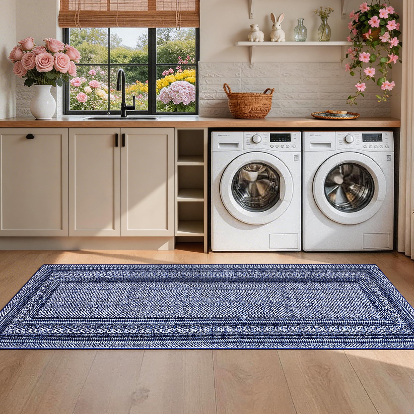 HIWEAVER Navy Geometric Runner 2' x 6' Washable Bordered Digital Printed Indoor Carpet for Kitchen Hallway Room Decor
