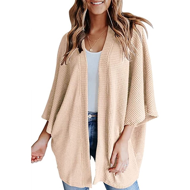 LinYooLi Women's Kimono Open Front Waffle Knit Cardigans Solid Sweater Batwing Sleeve Shawl Collared Soft Slouchy Cloak