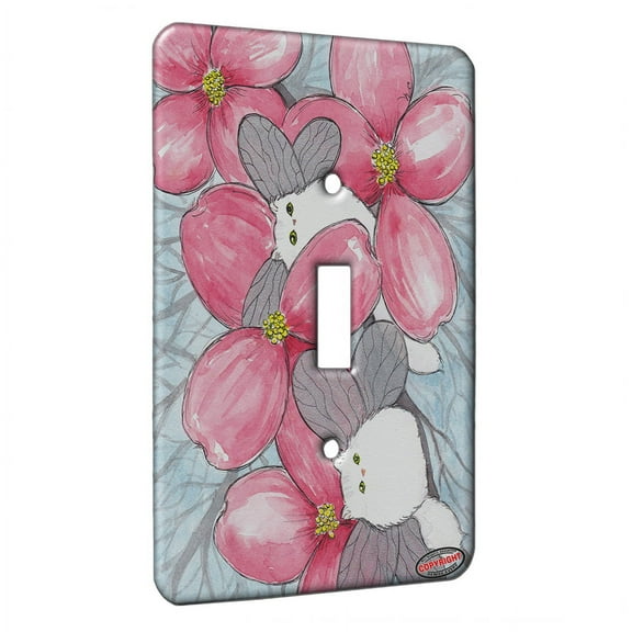 KuzmarK™ Single Gang Toggle Switch Wall Plate - Silver Chincilla Persian Kitty Fairies with Pink Dogwood Fantasy Cat Art by Denise Every